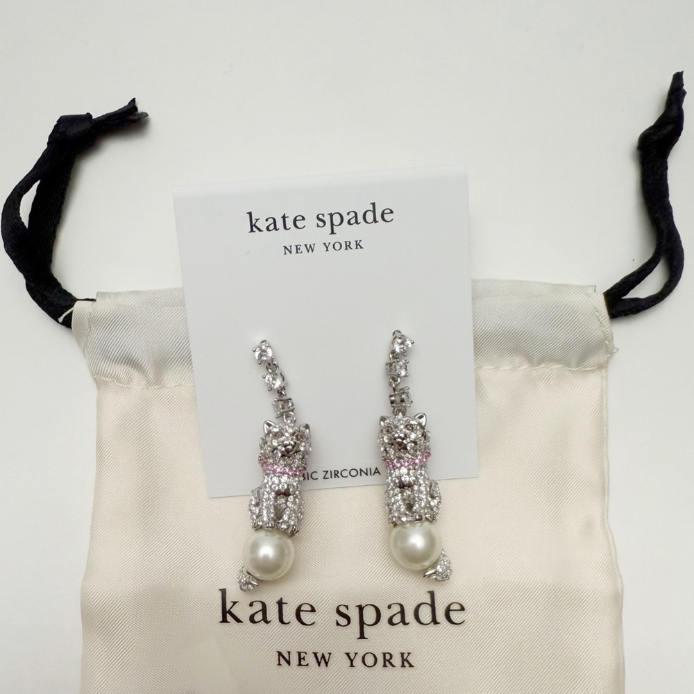 Kate Spade Pawlina Cat with Pink Bow Rhinestone Faux Pearl Linear Earrings NEW - Picture 4 of 8